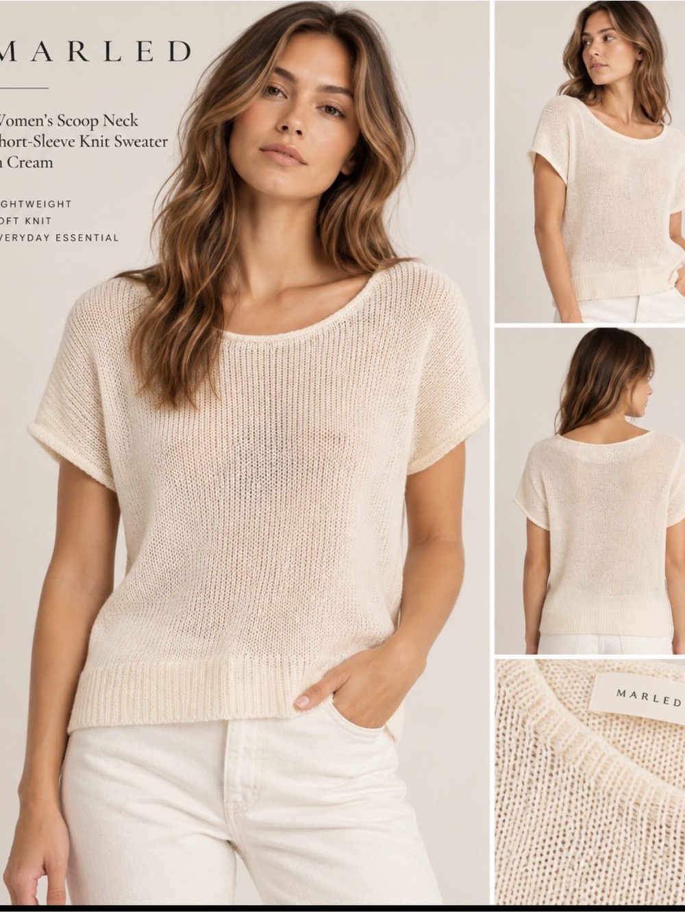 Women's Scoop Neck Short-Sleeve Knit Sweater in Cream
